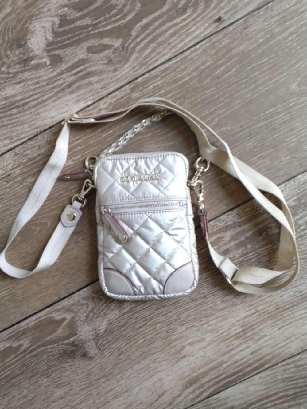 MZ Wallace Quilted Crossbody Phone Pouch in Pearl with Gold Hardware
